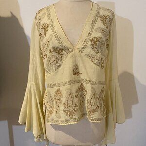Vintage 60s 70s yellow gold paisley hippie statement flowy long sleeve blouse